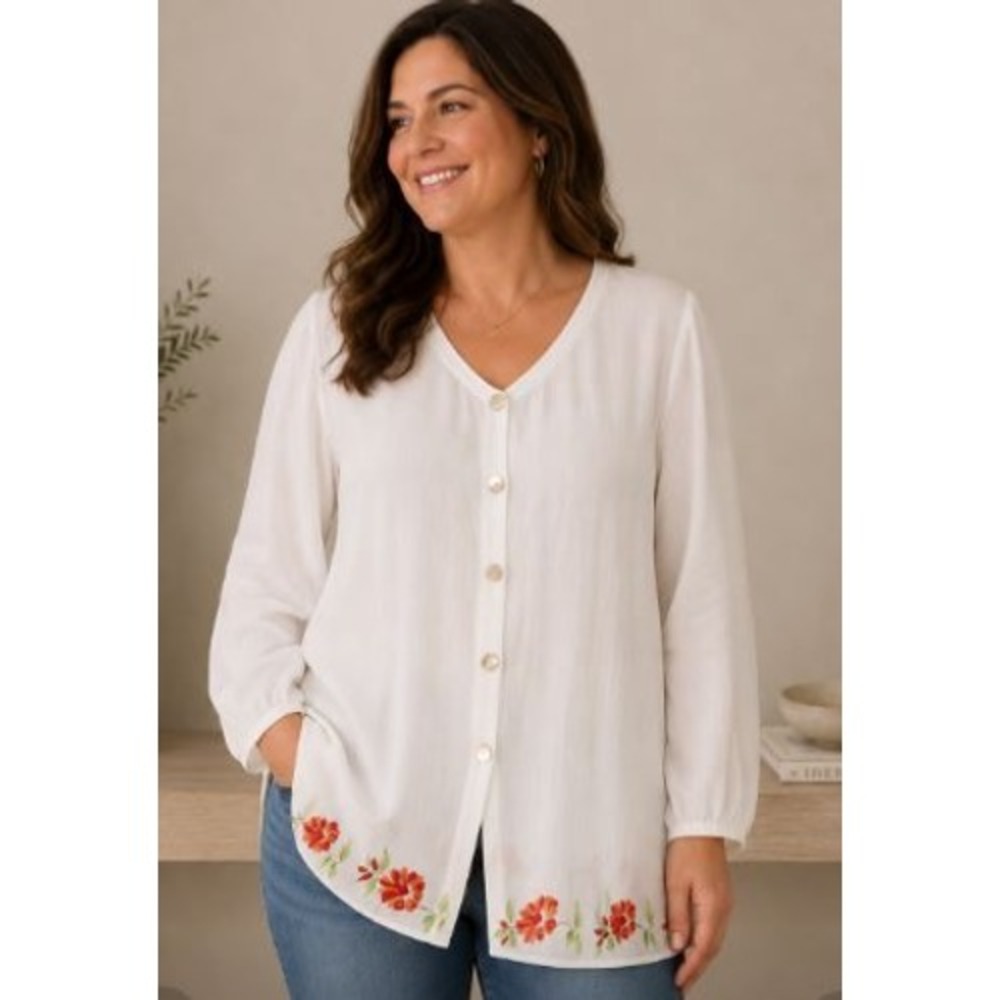 White Floral Border Print Tunic Top Large Boho Coastal Cottage Tropical Artistic